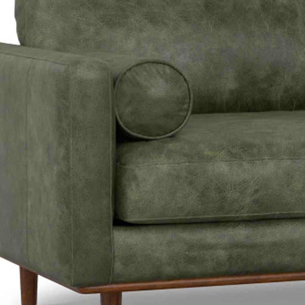 89" Moss Green Leather Sofa With Brown Legs
