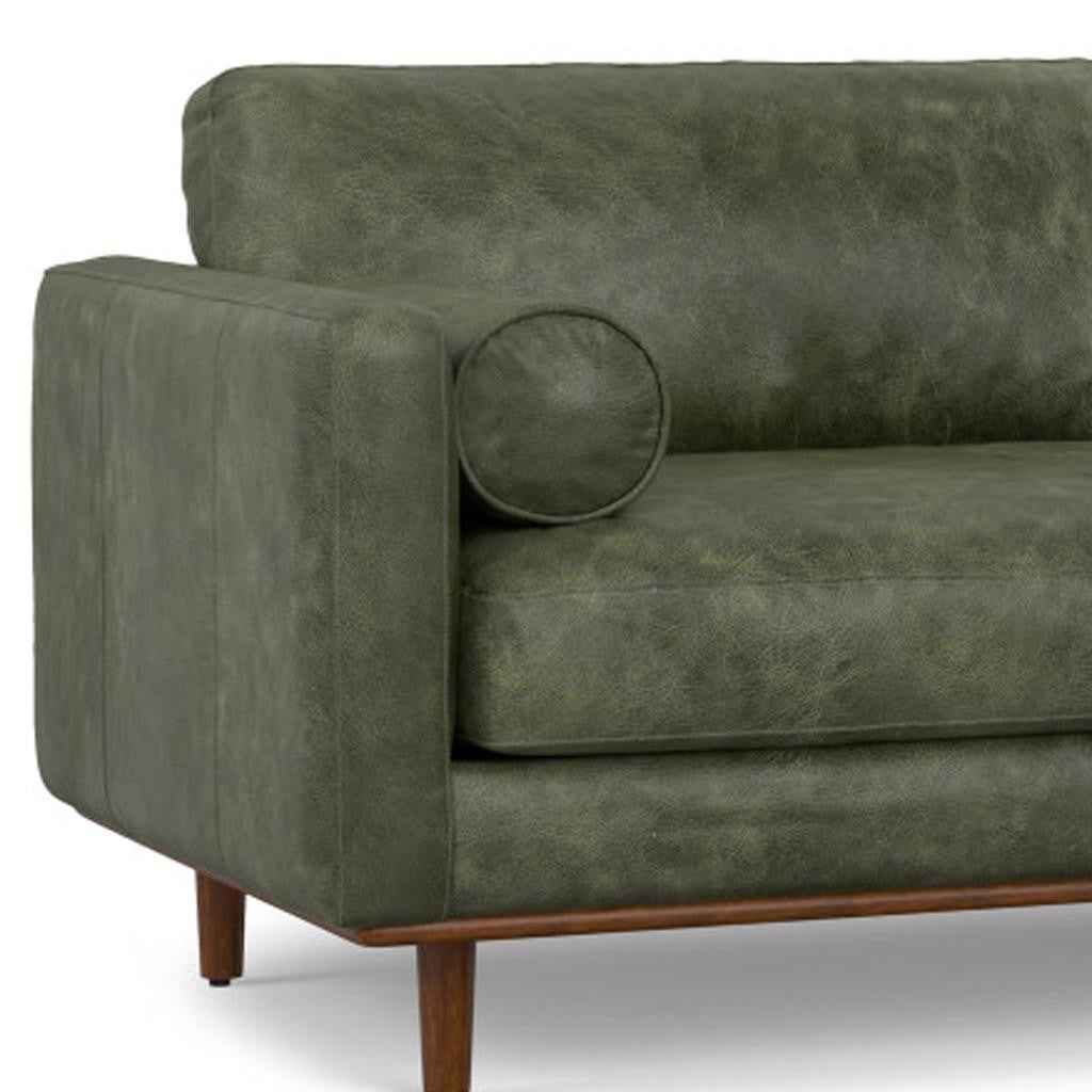 89" Moss Green Leather Sofa With Brown Legs