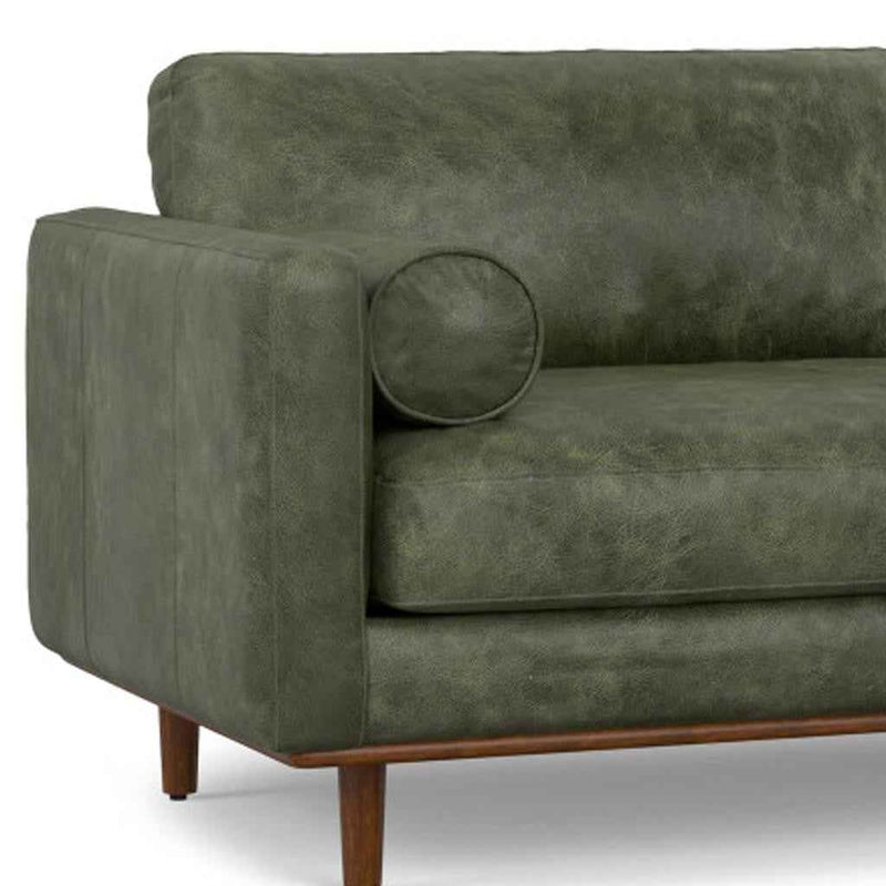 89" Moss Green Leather Sofa With Brown Legs