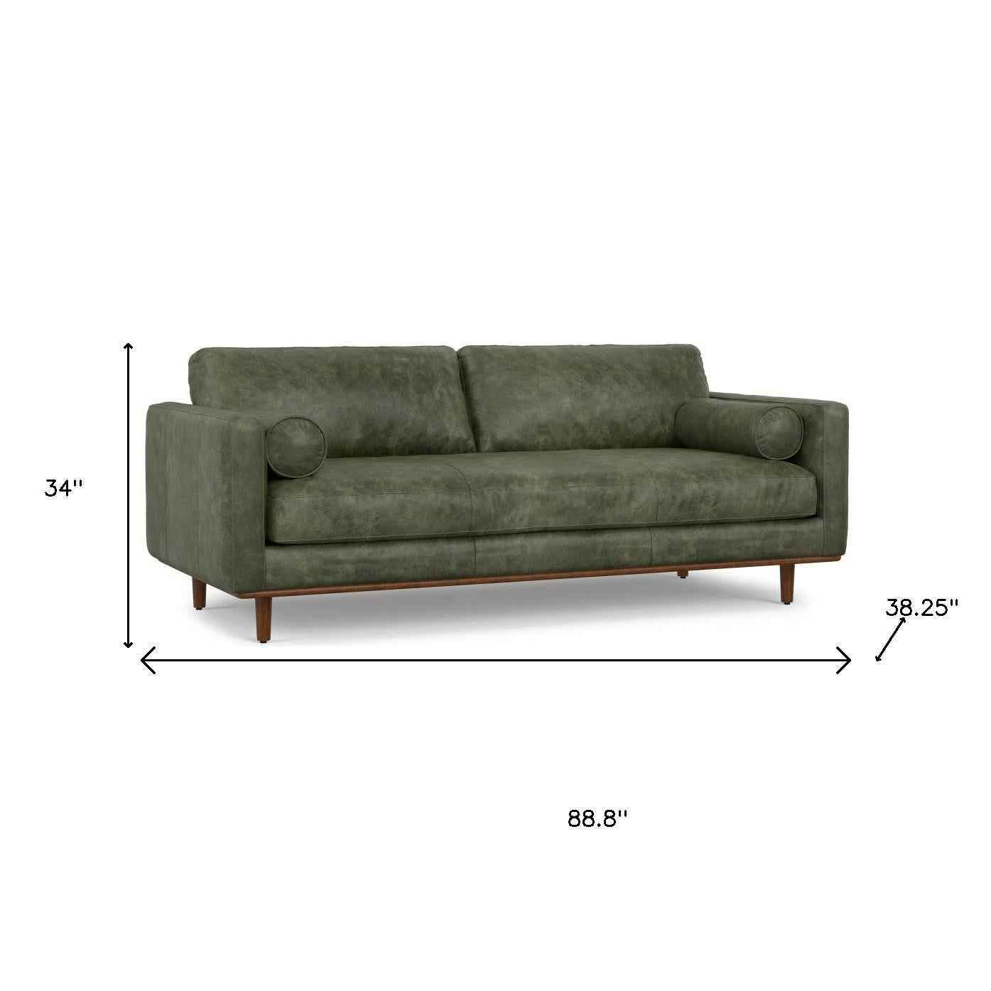 89" Moss Green Leather Sofa With Brown Legs