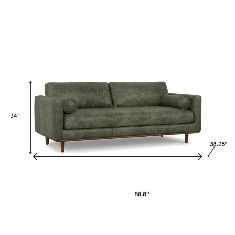 89" Moss Green Leather Sofa With Brown Legs