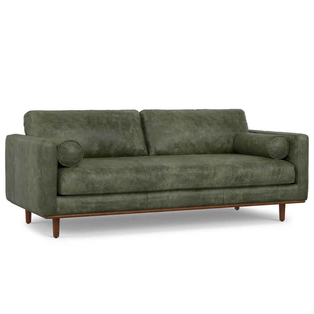 89" Moss Green Leather Sofa With Brown Legs
