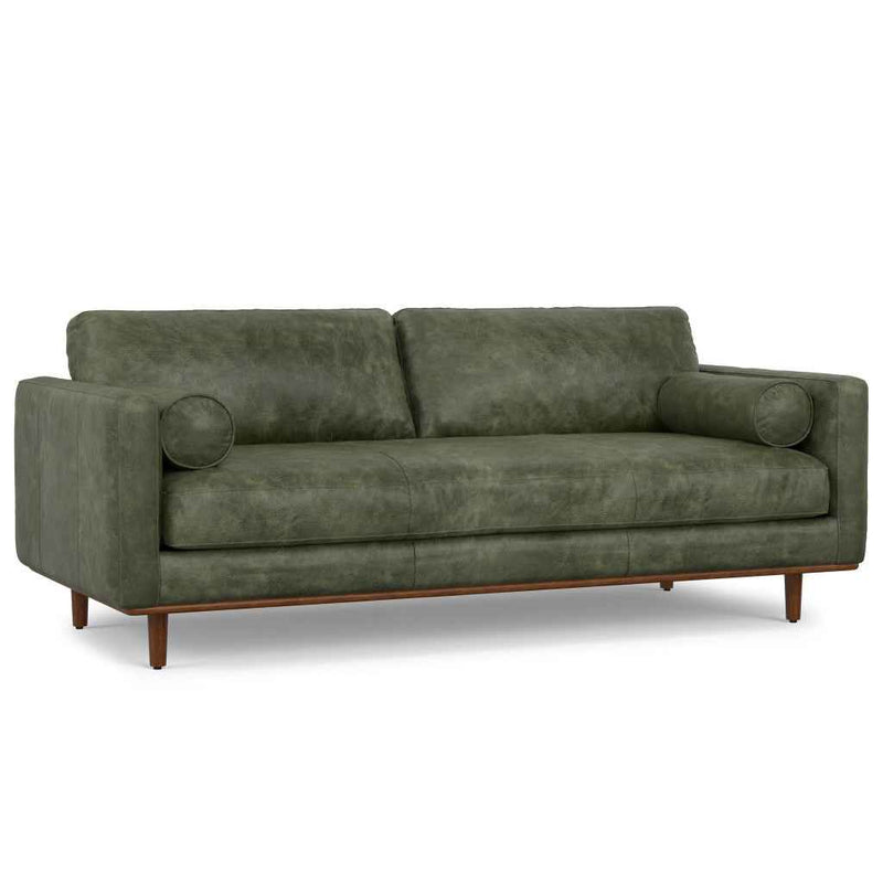 89" Moss Green Leather Sofa With Brown Legs