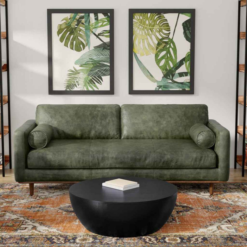 89" Moss Green Leather Sofa With Brown Legs