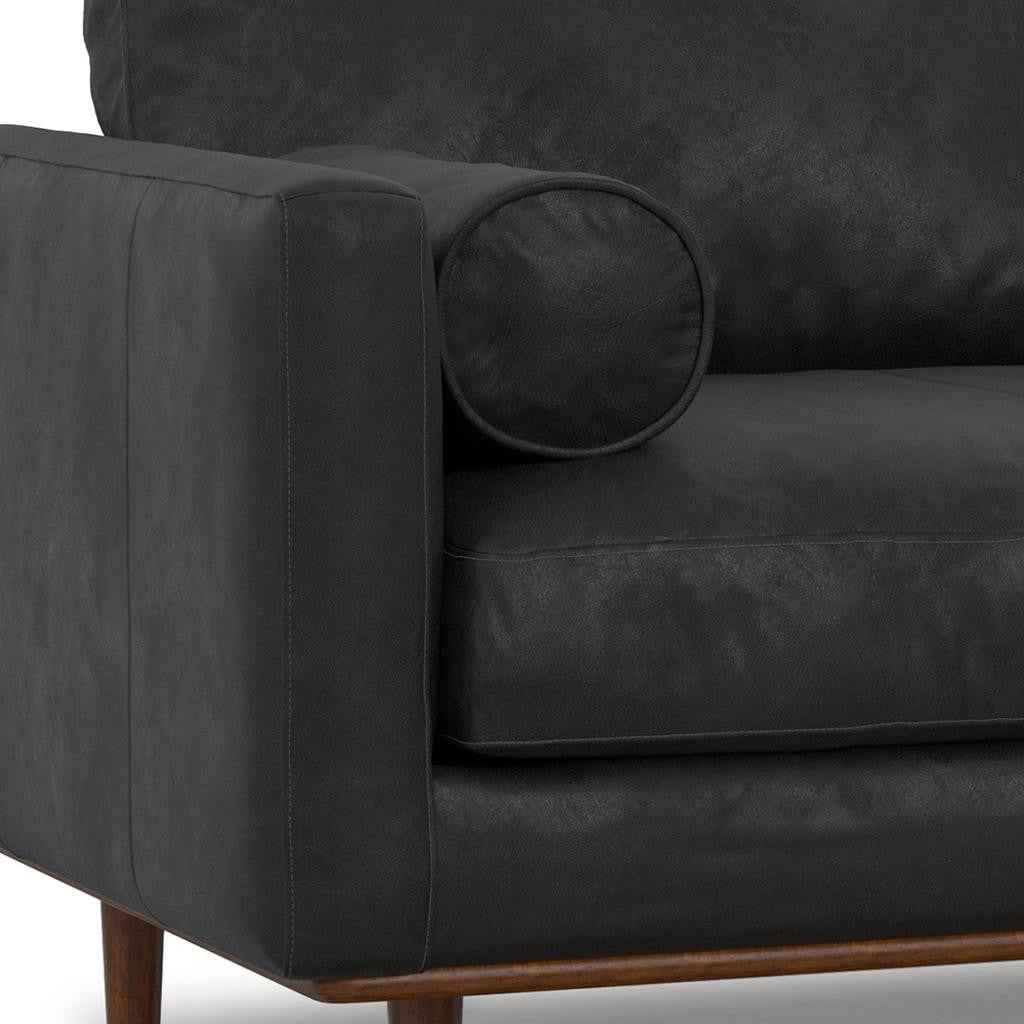 72" Black Leather Sofa With Brown Legs