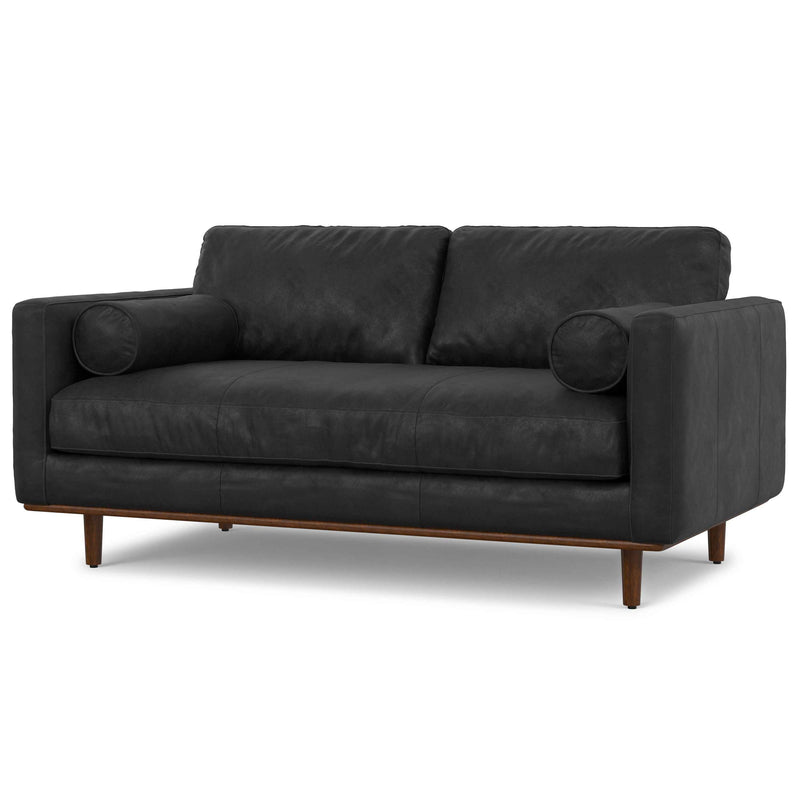 72" Black Leather Sofa With Brown Legs