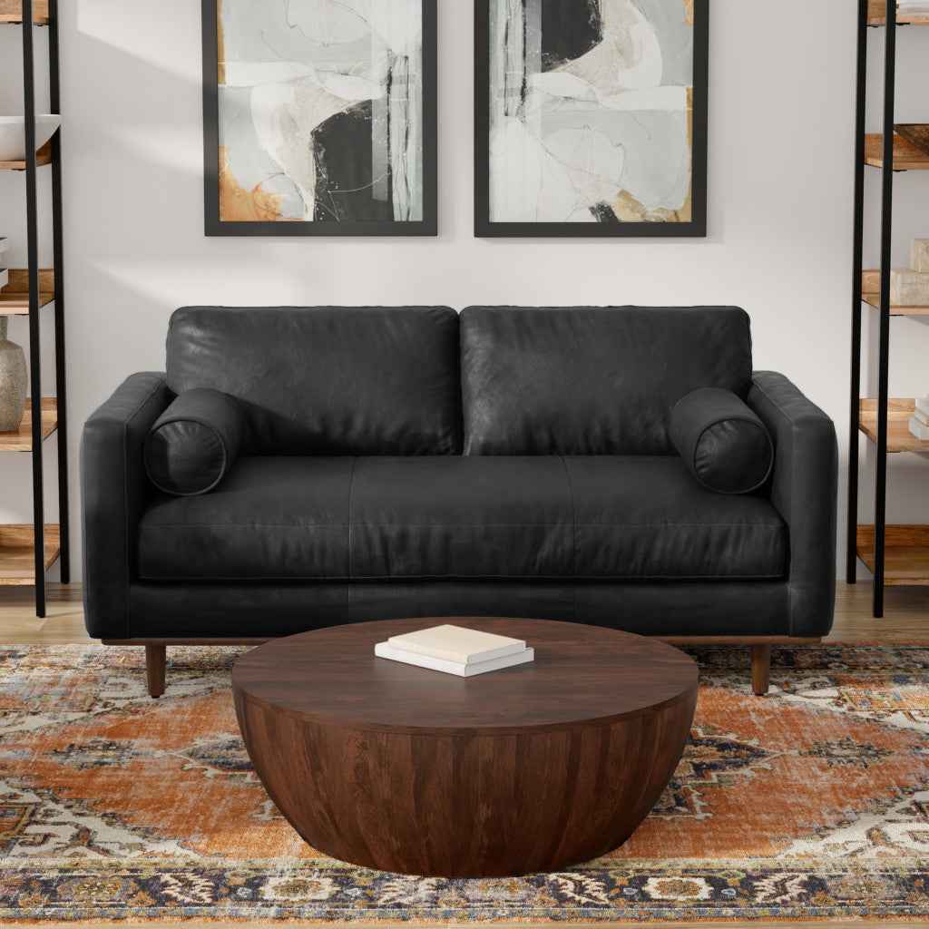 72" Black Leather Sofa With Brown Legs