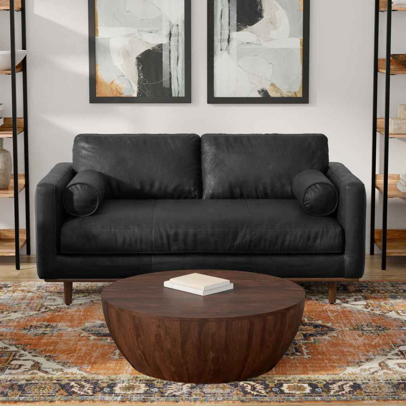 72" Black Leather Sofa With Brown Legs