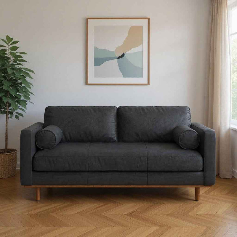 72" Black Leather Sofa With Brown Legs