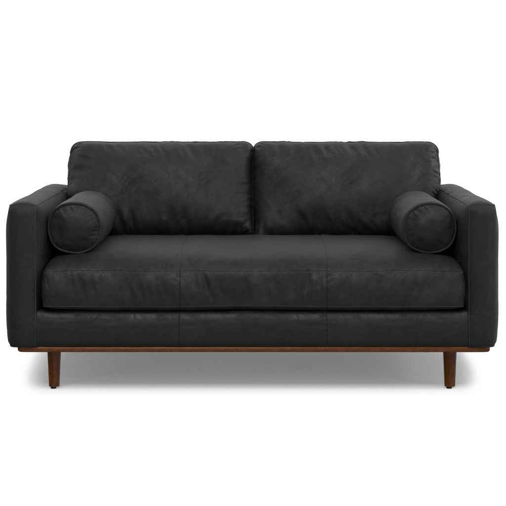 72" Black Leather Sofa With Brown Legs