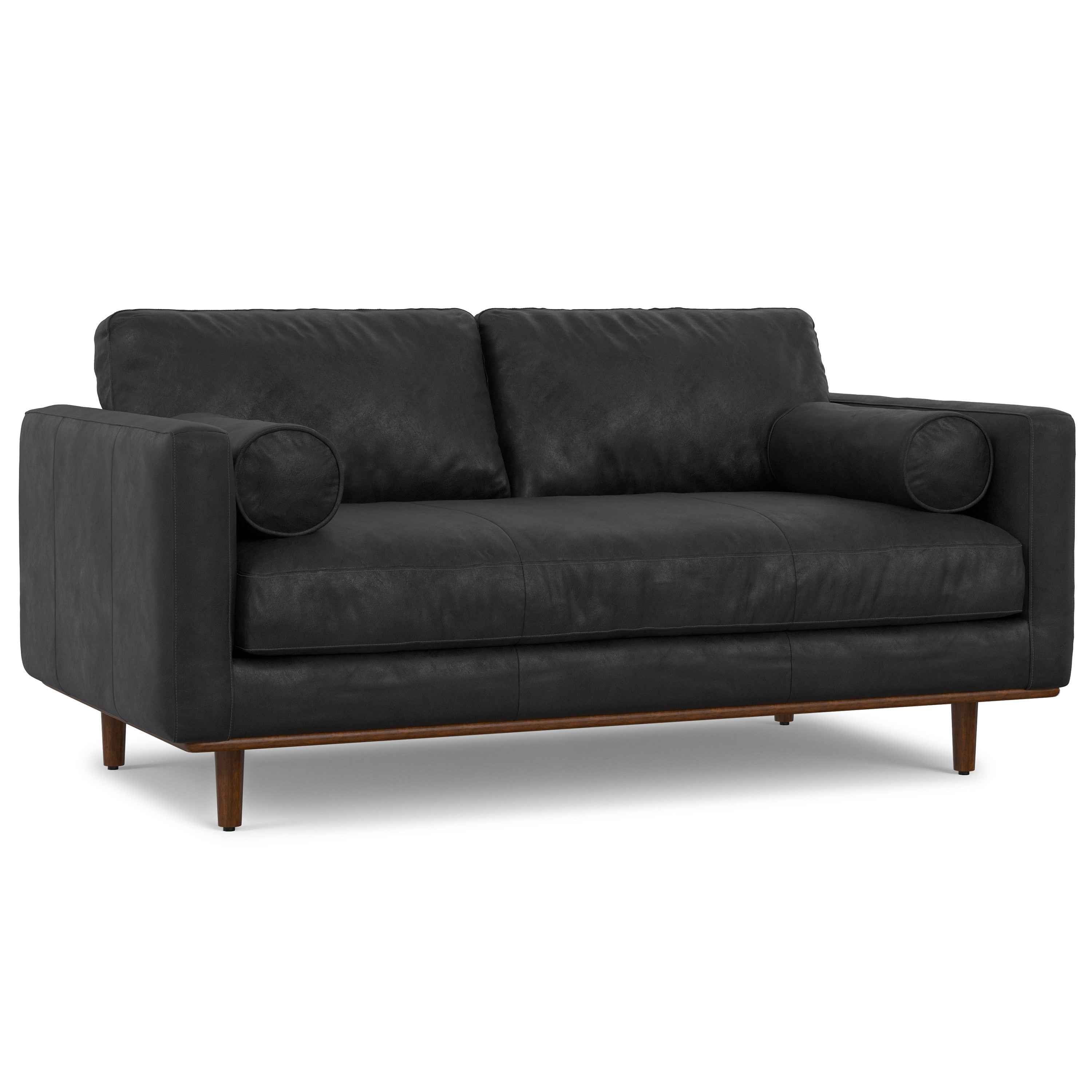 72" Black Leather Sofa With Brown Legs