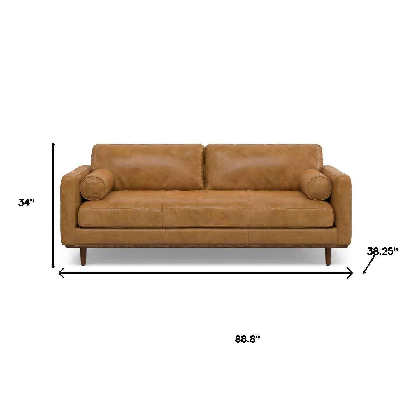 89" Sienna Leather Sofa With Brown Legs