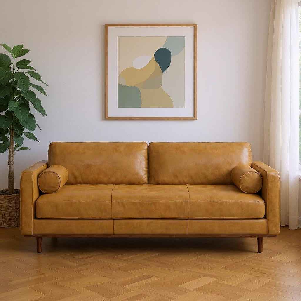 89" Sienna Leather Sofa With Brown Legs