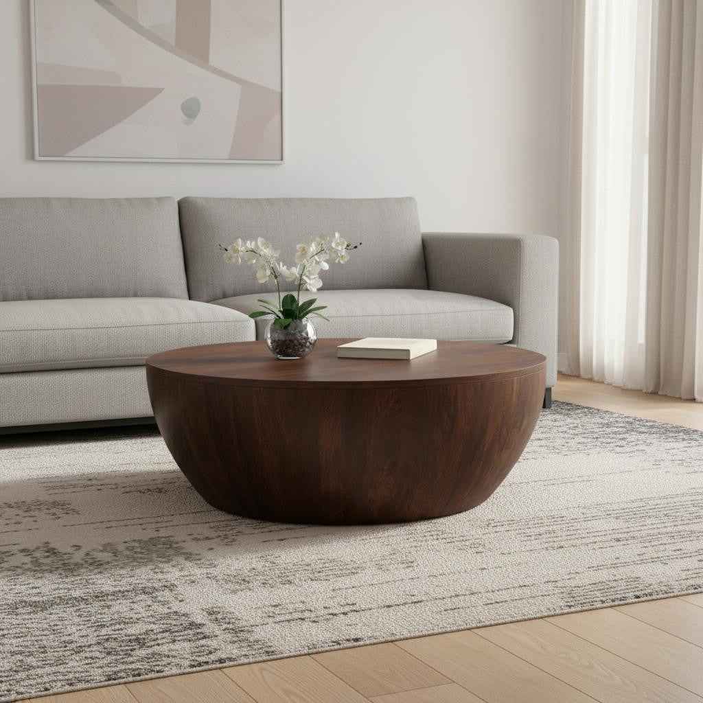 34" Brown Solid Wood Round Solid Coffee Table