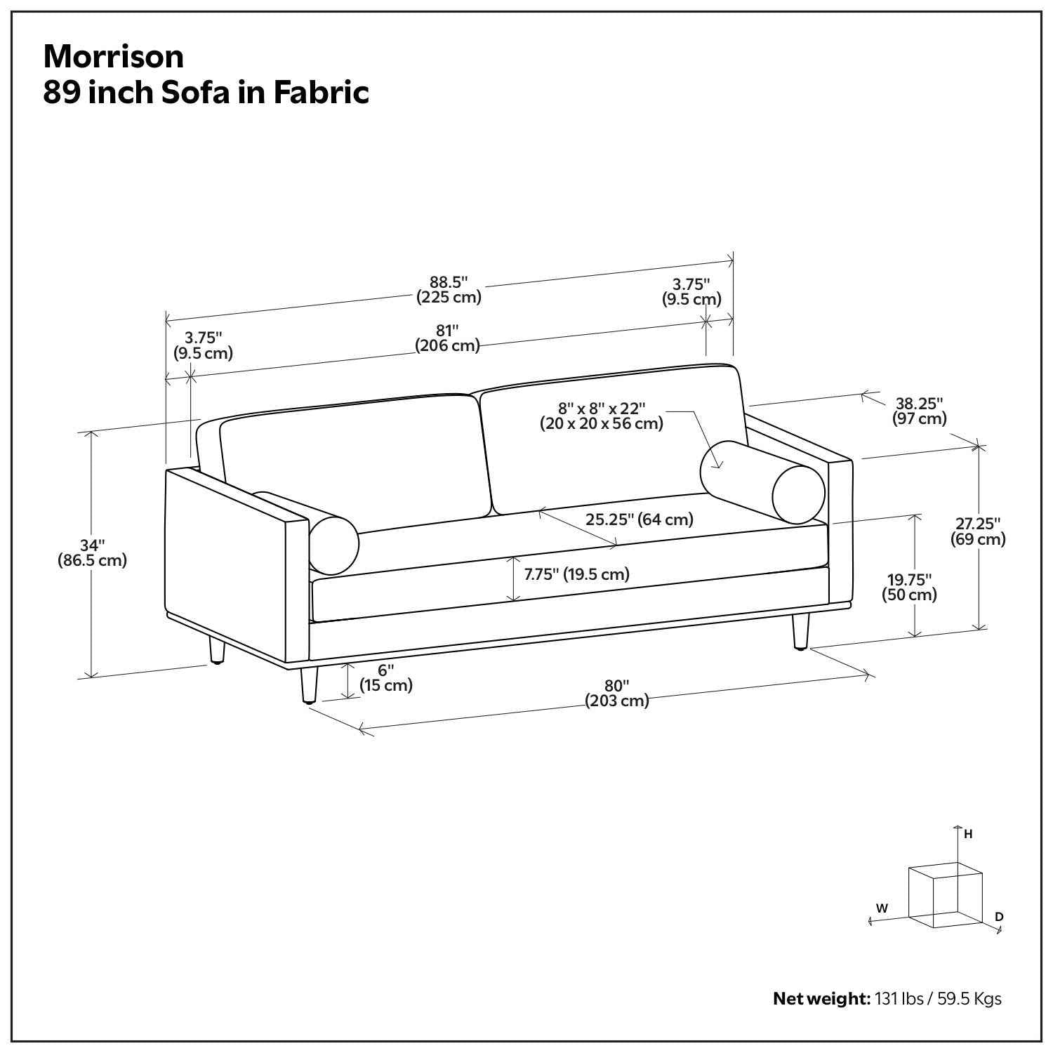 89" Gray Fabric Sofa With Brown Legs