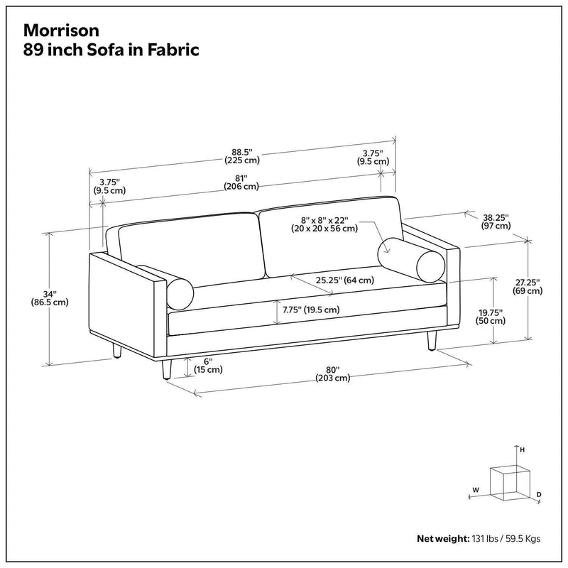 89" Gray Fabric Sofa With Brown Legs