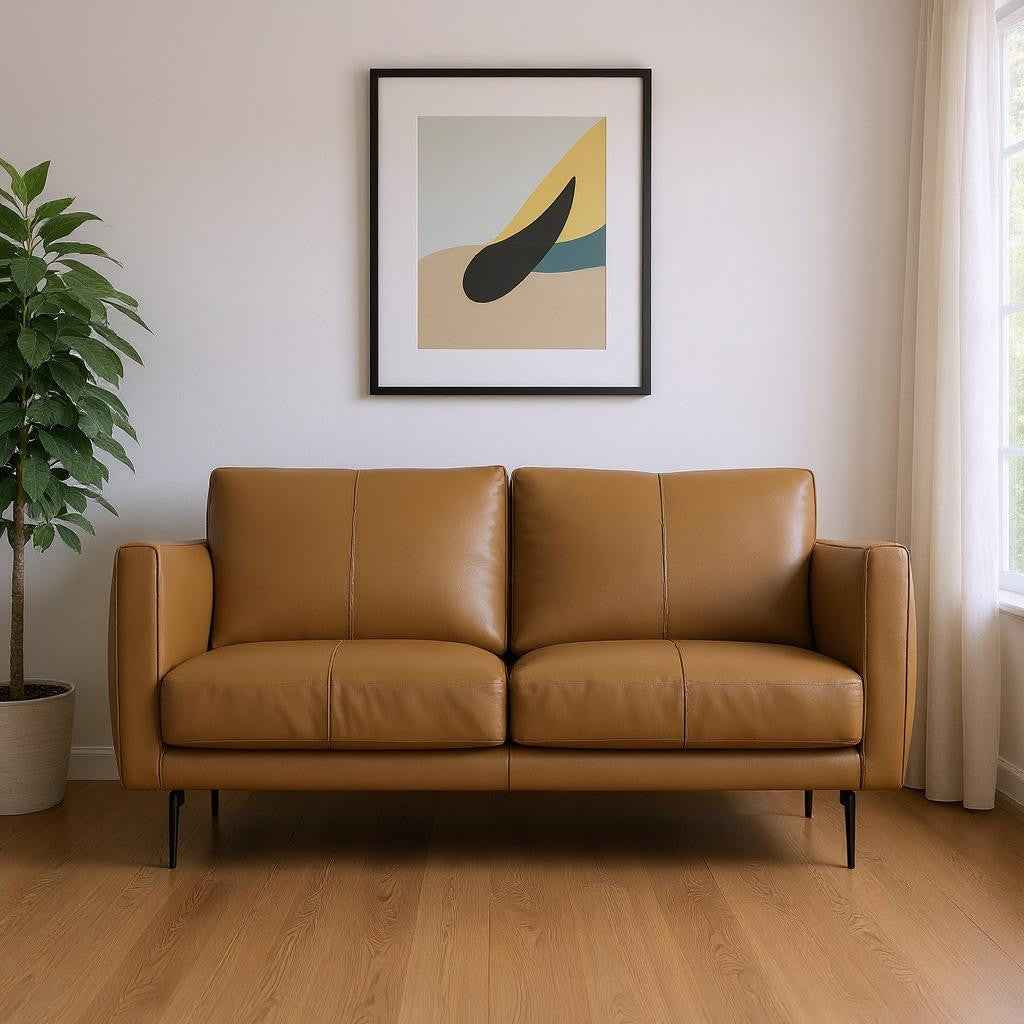 60" Brown Leather Sofa With Black Legs