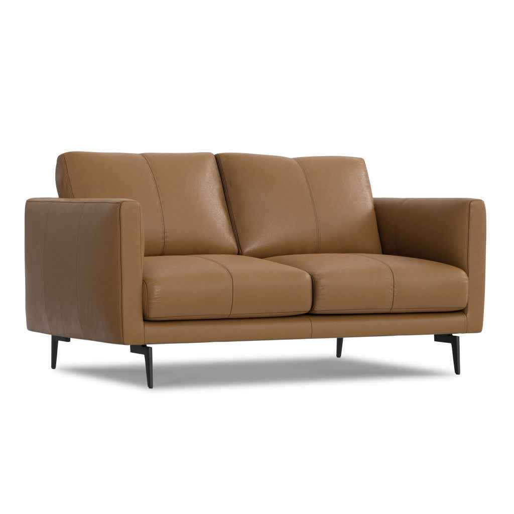 60" Brown Leather Sofa With Black Legs