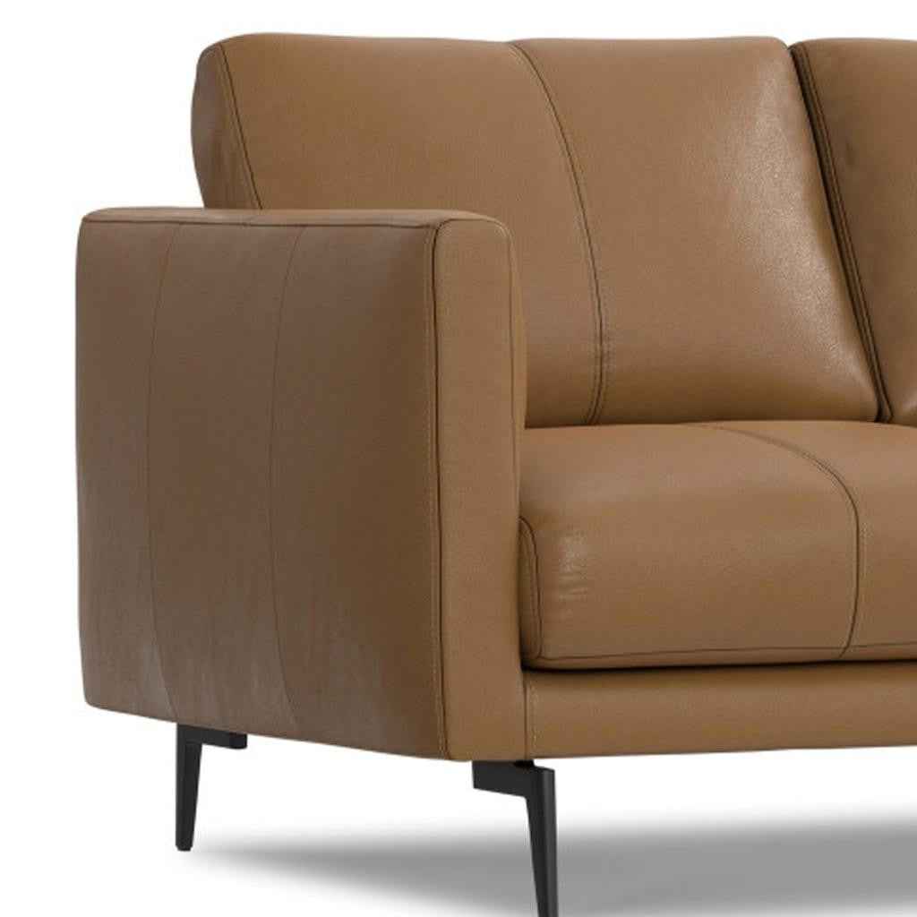 60" Brown Leather Sofa With Black Legs