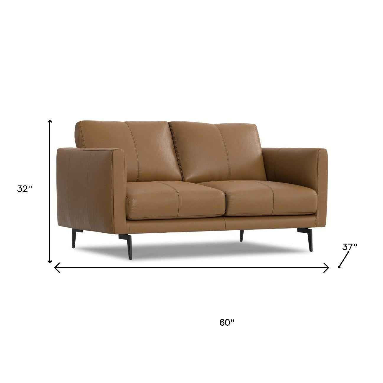 60" Brown Leather Sofa With Black Legs