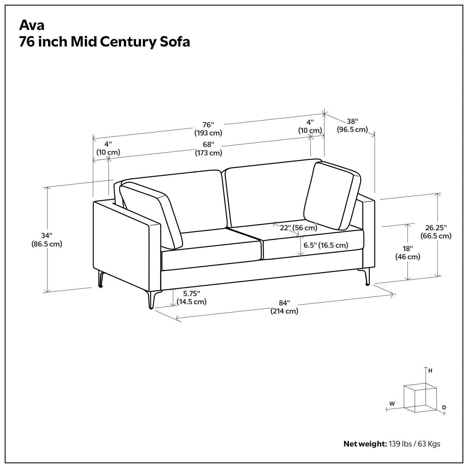 76" Gray Fabric Sofa With Black Legs