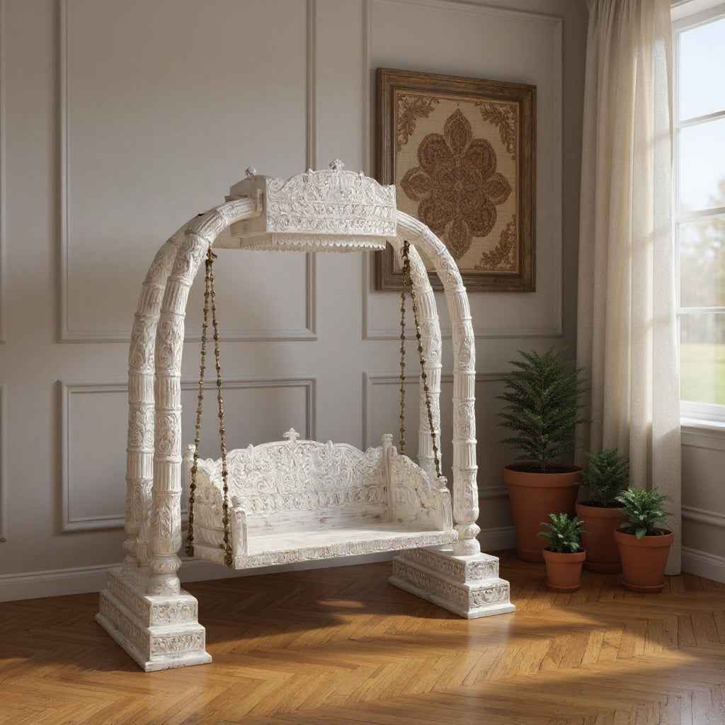 89" White Floral Solid Wood Distressed Solid Wood Bench