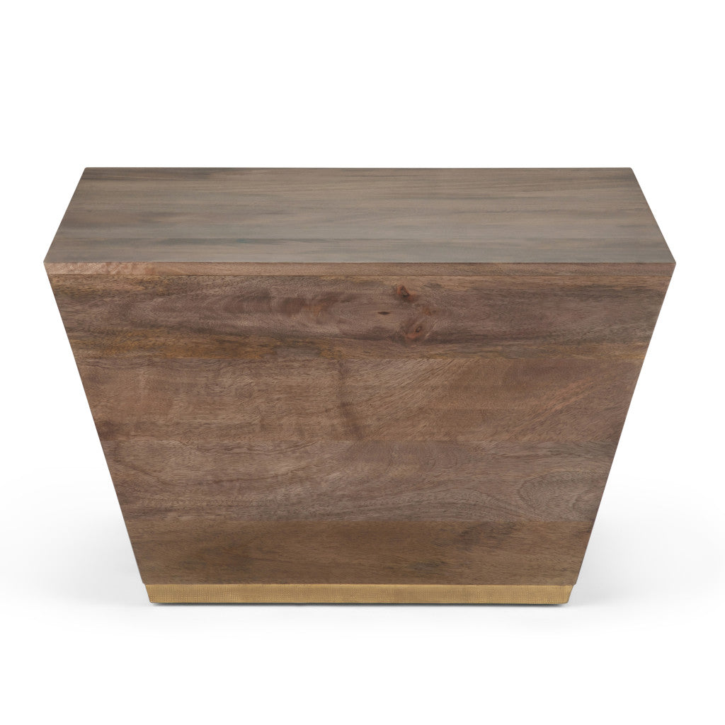 19" Dark Brown and Brass Distressed Solid Wood Square Block End Table - Living Room
