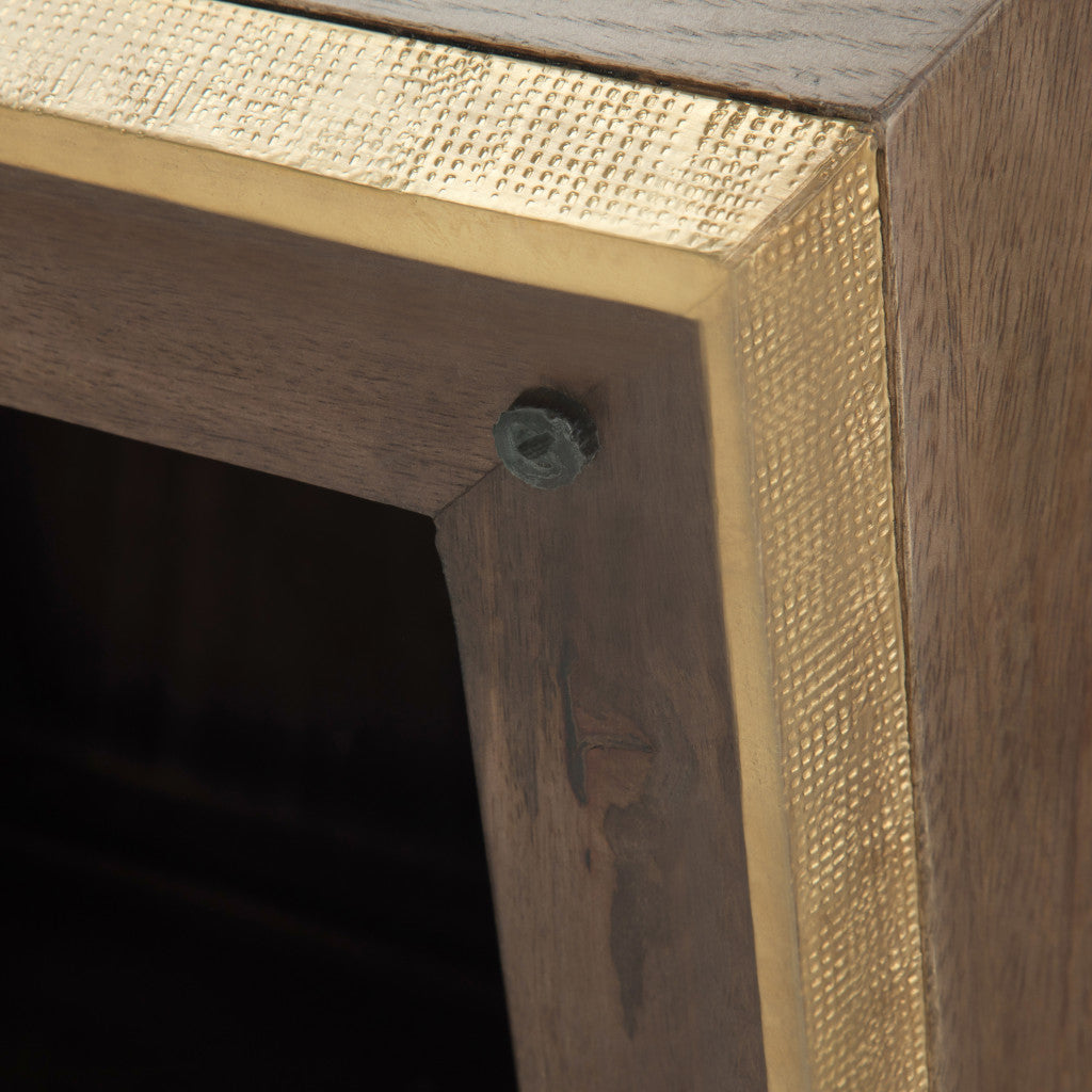 19" Dark Brown and Brass Distressed Solid Wood Square Block End Table - Living Room