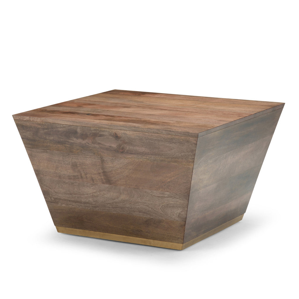 19" Dark Brown and Brass Distressed Solid Wood Square Block End Table - Living Room