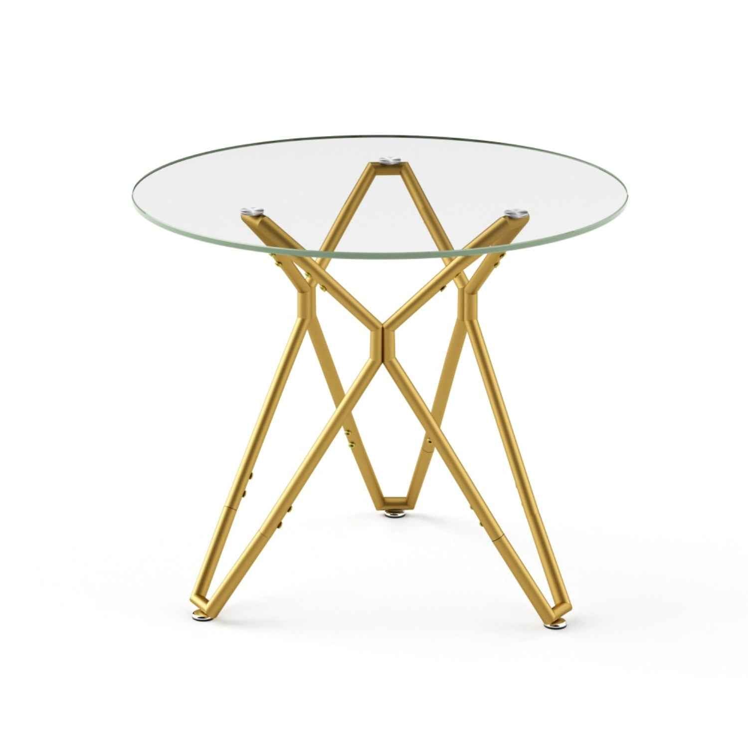 35" White and Gold Glass and Steel Round Trestle Coffee Table