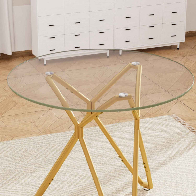 35" White and Gold Glass and Steel Round Trestle Coffee Table
