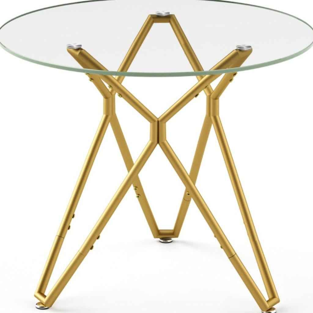 35" White and Gold Glass and Steel Round Trestle Coffee Table