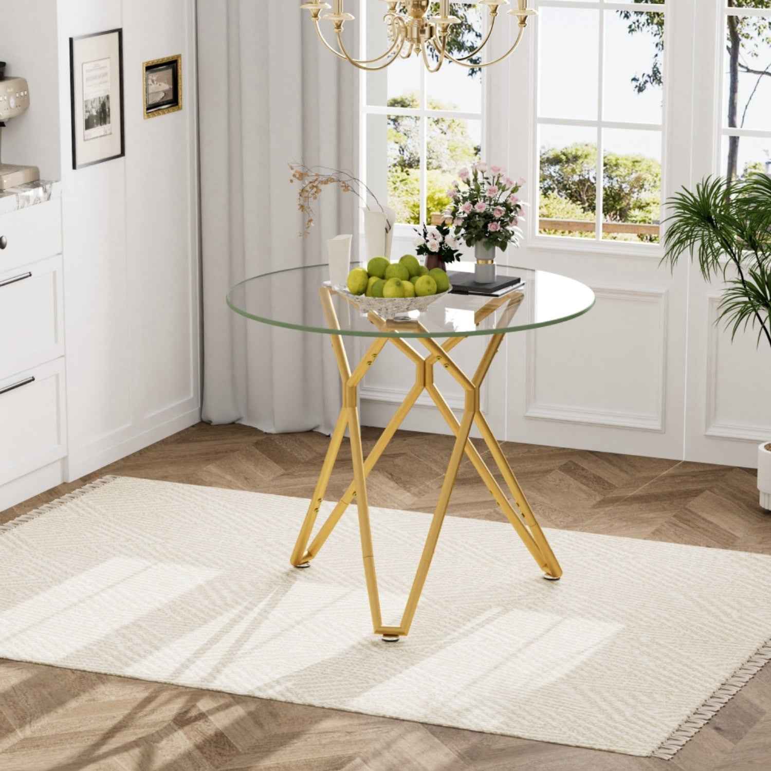 35" White and Gold Glass and Steel Round Trestle Coffee Table