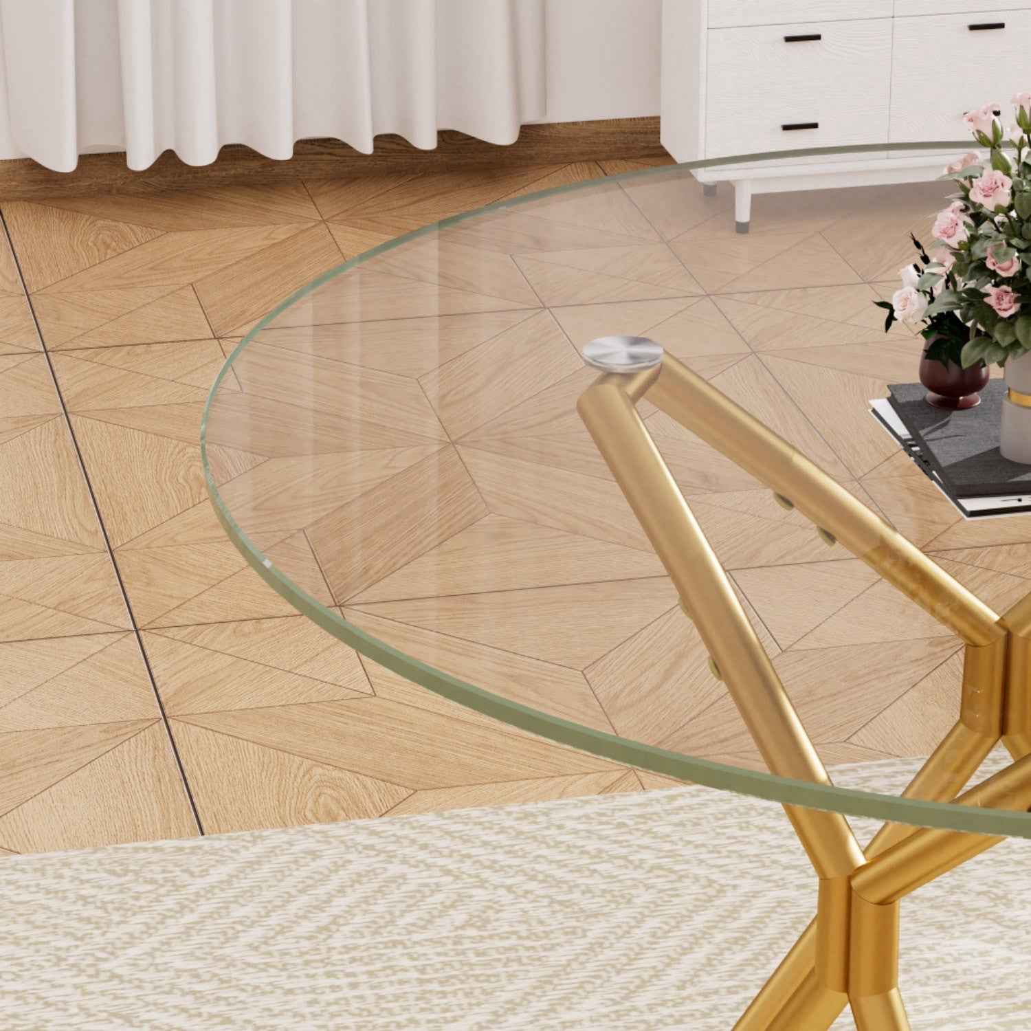 35" White and Gold Glass and Steel Round Trestle Coffee Table