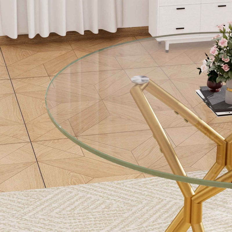 35" White and Gold Glass and Steel Round Trestle Coffee Table