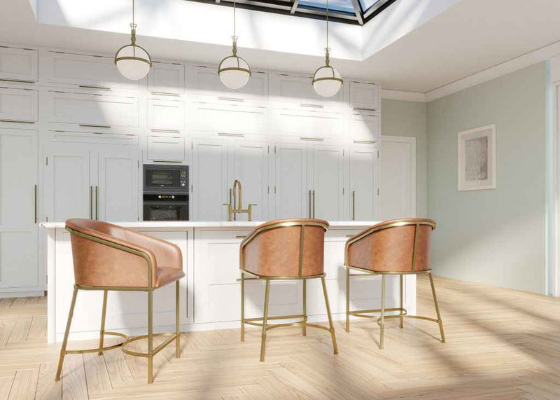 26" Brown and Gold Wood Fabric and Steel Low Back Counter Height Bar Chair