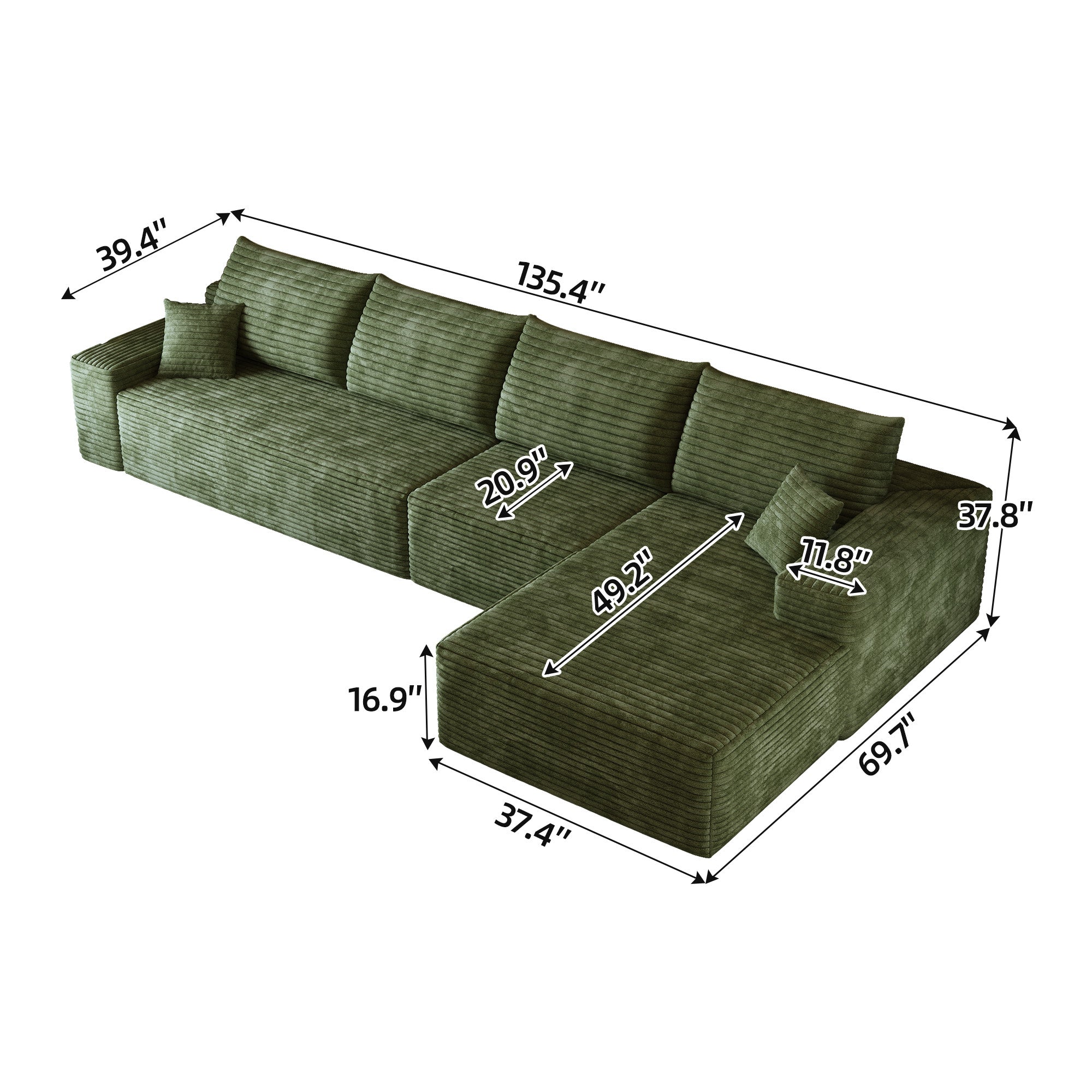 135" Green Corduroy Modular Compression Foam Sofa With Toss Pillows