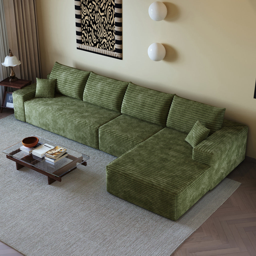 135" Green Corduroy Modular Compression Foam Sofa With Toss Pillows