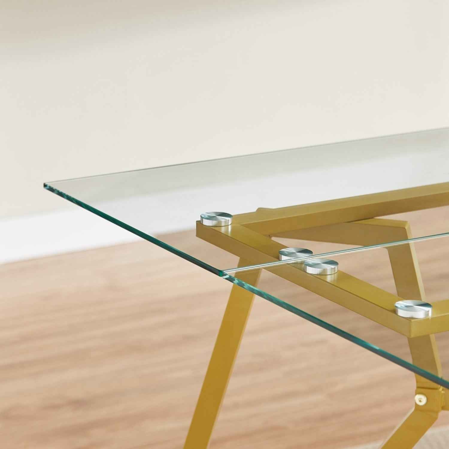 71" White and Gold Glass and Steel Trestle Coffee Table
