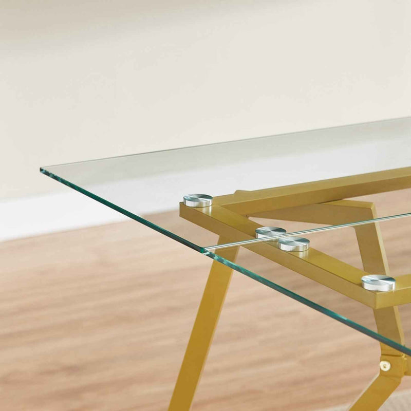 71" White and Gold Glass and Steel Trestle Coffee Table