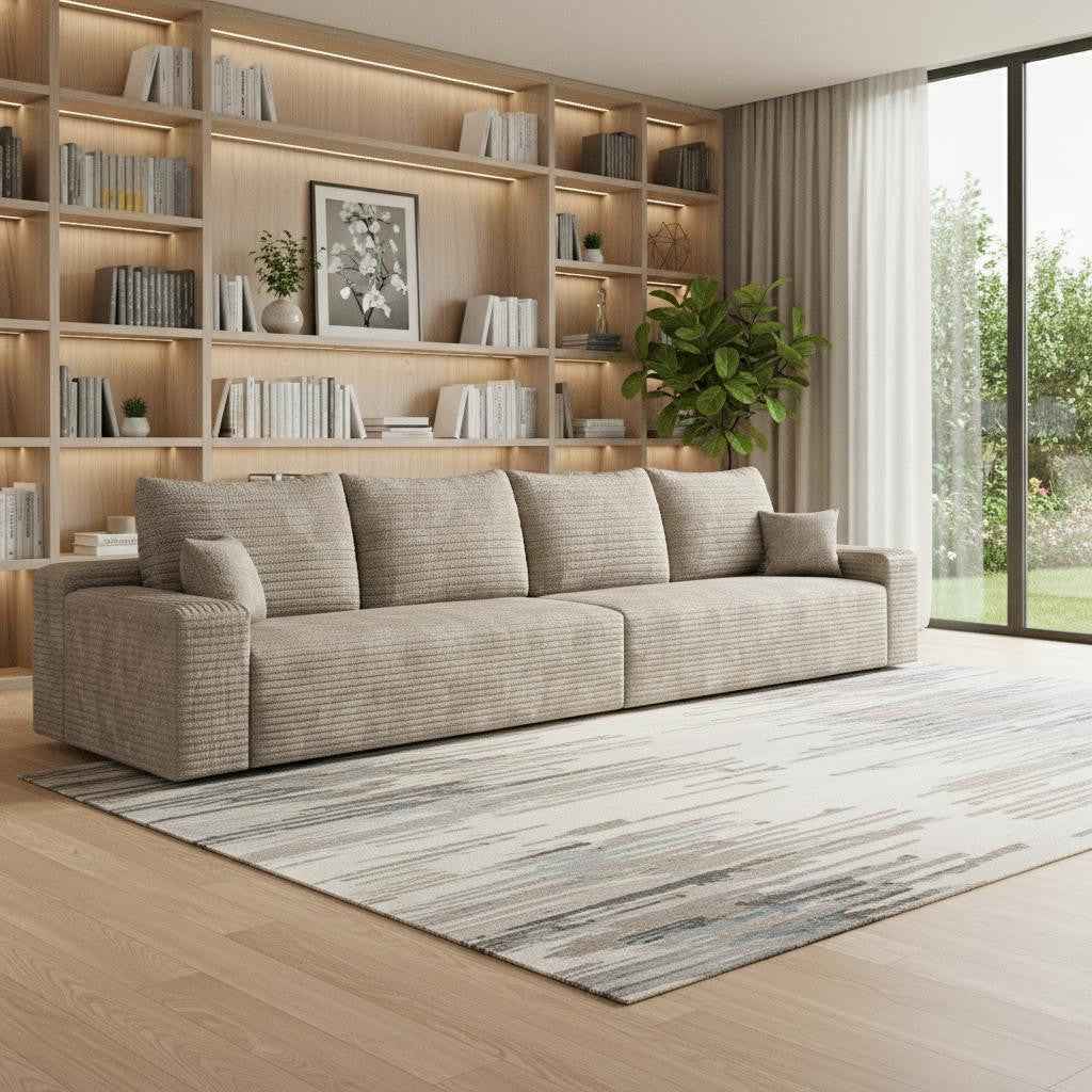 140" Camel Corduroy Modular Compression Foam Sofa With Toss Pillows