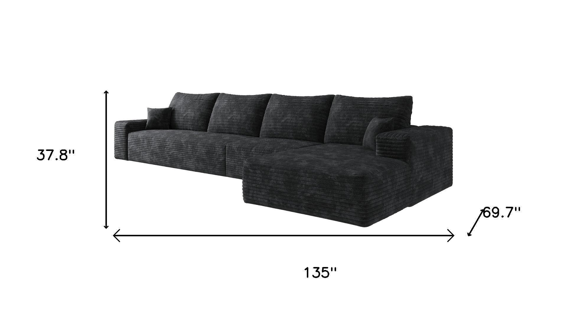 135" Black Corduroy Modular Compression Foam Sofa With Toss Pillows