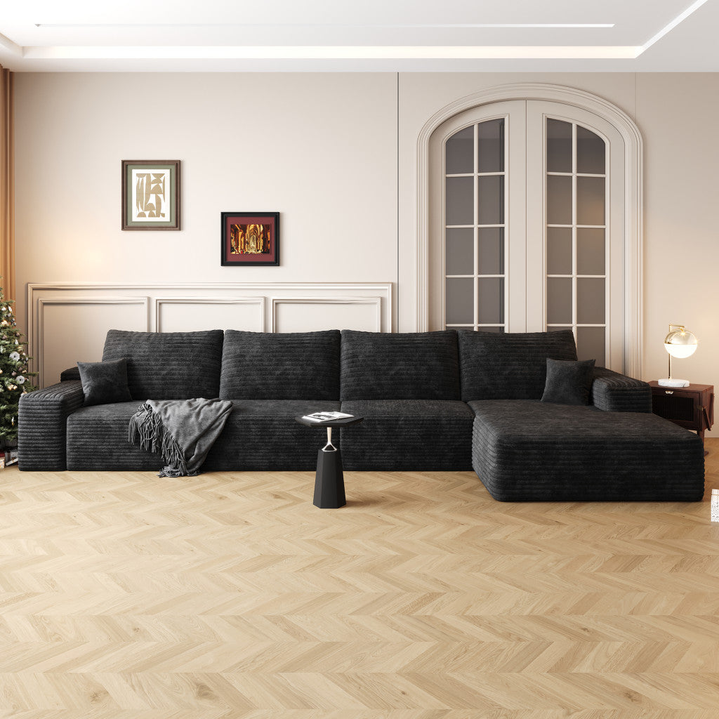 135" Black Corduroy Modular Compression Foam Sofa With Toss Pillows