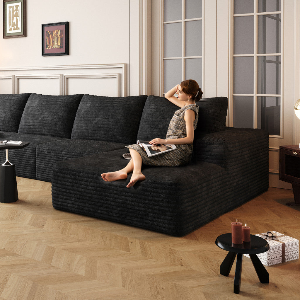 135" Black Corduroy Modular Compression Foam Sofa With Toss Pillows