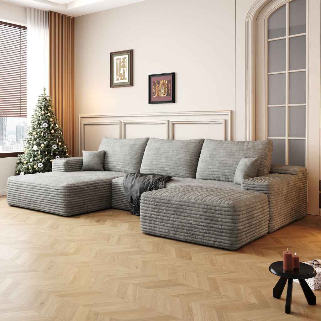 107" Gray Corduroy Modular Compression Foam Sofa With Ottoman And Toss Pillows
