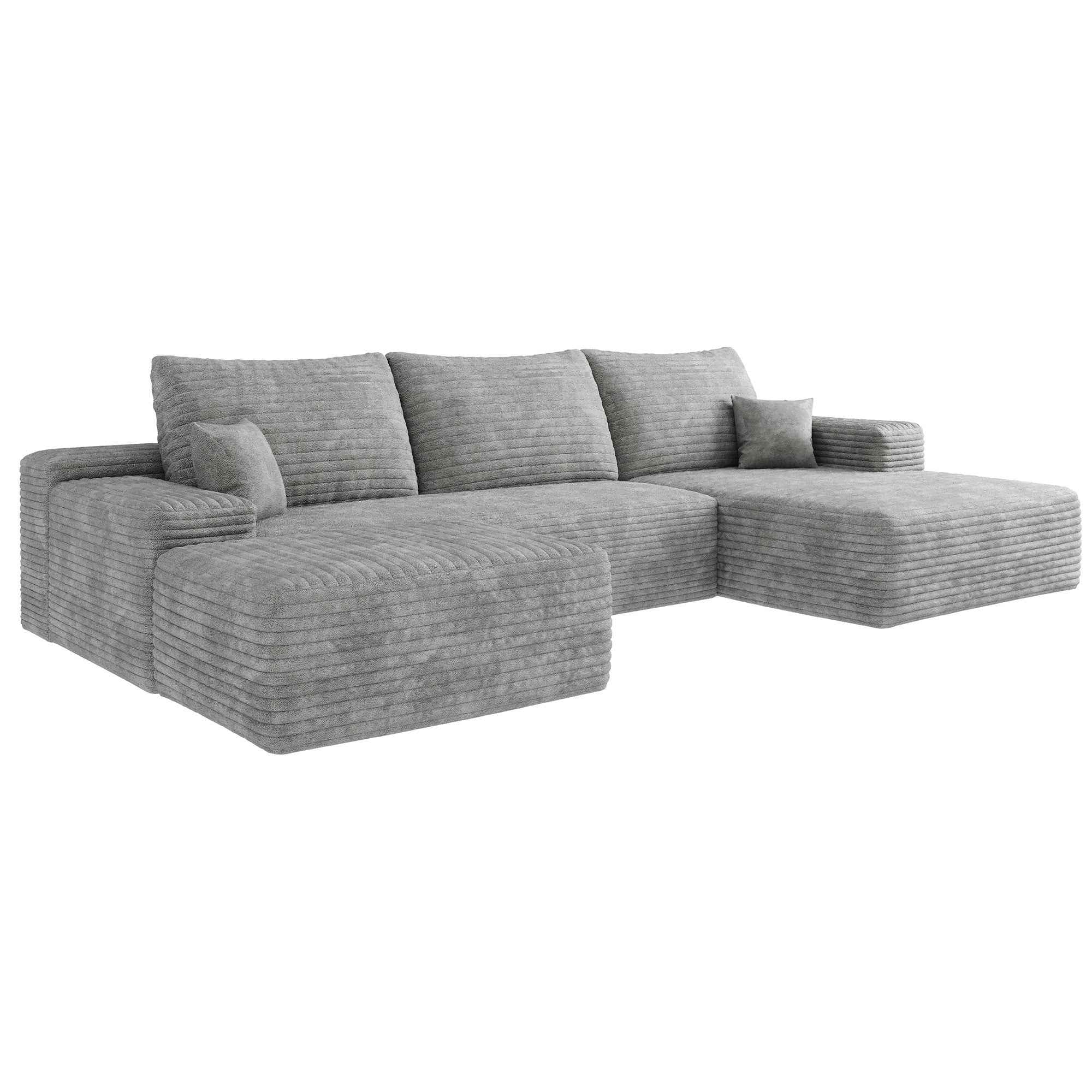 107" Gray Corduroy Modular Compression Foam Sofa With Ottoman And Toss Pillows
