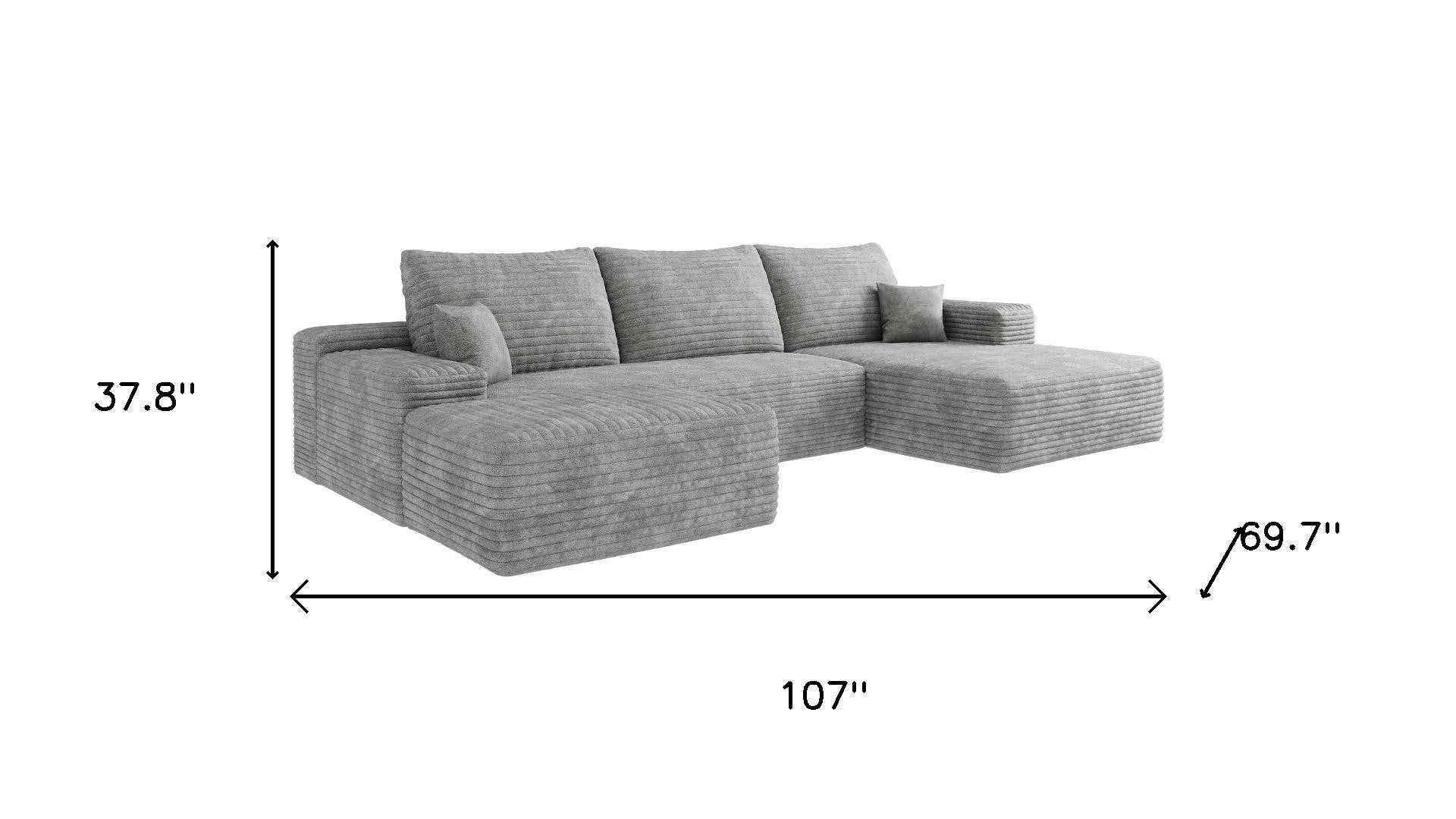 107" Gray Corduroy Modular Compression Foam Sofa With Ottoman And Toss Pillows