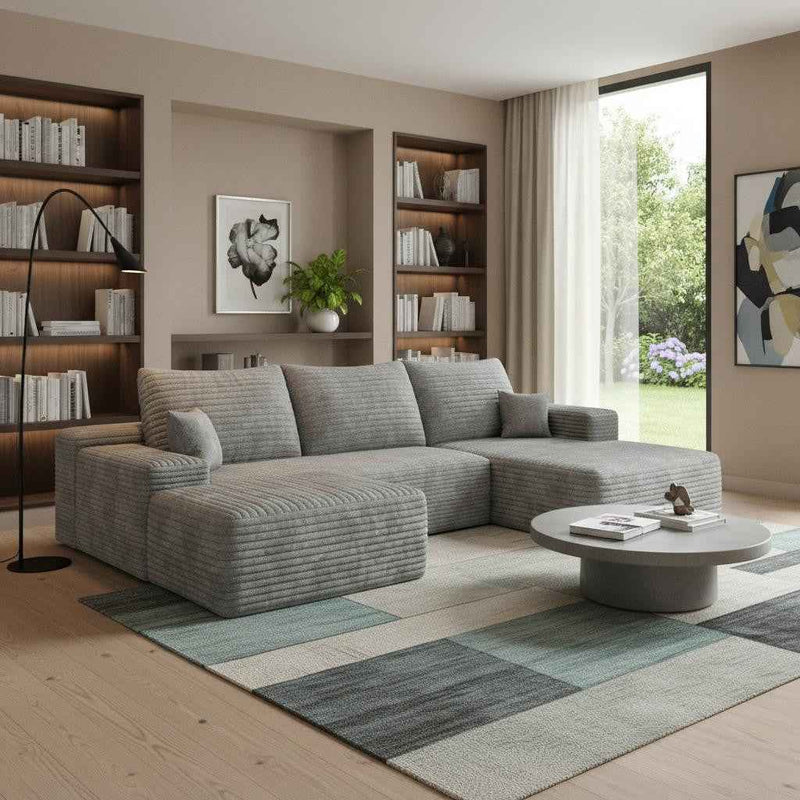 107" Gray Corduroy Modular Compression Foam Sofa With Ottoman And Toss Pillows