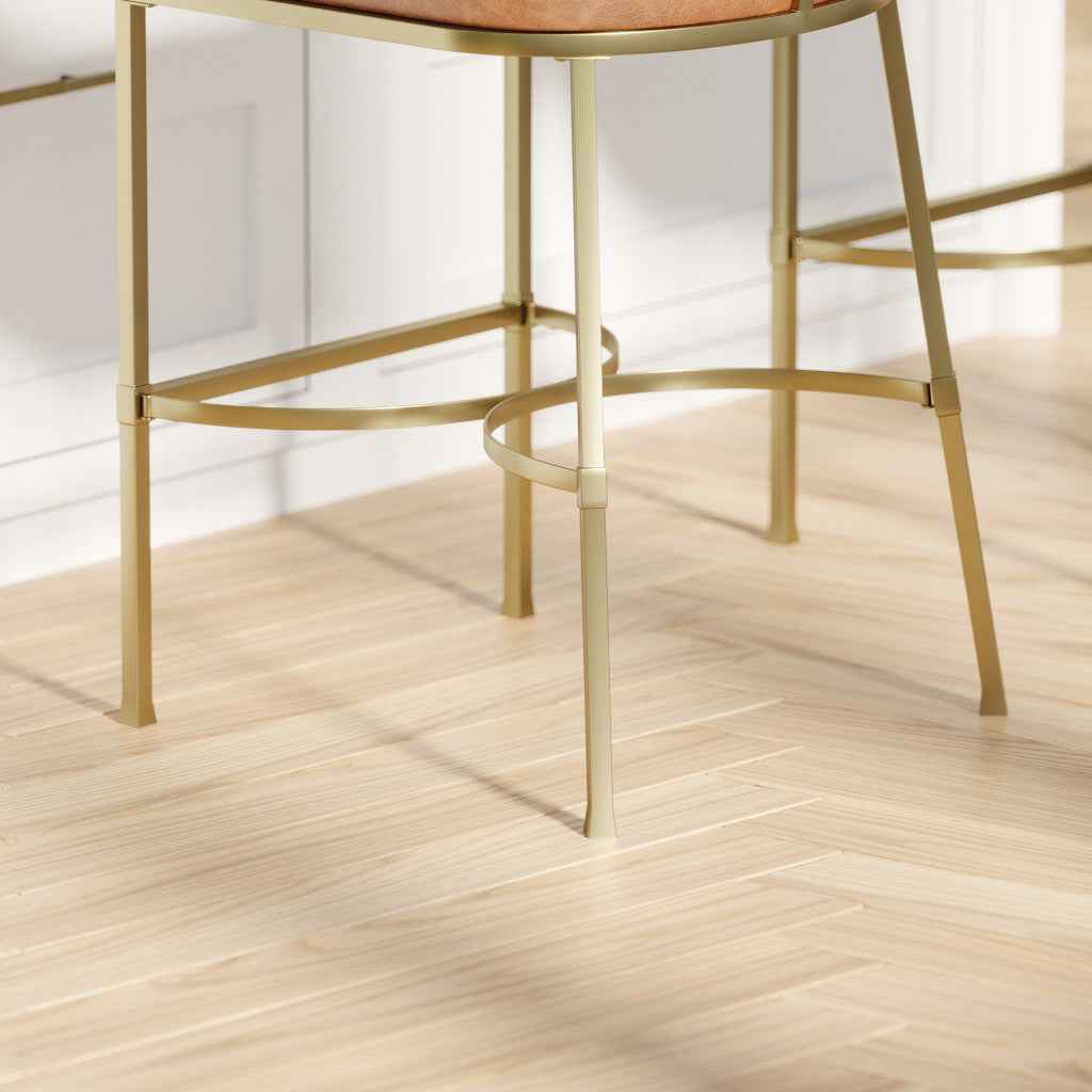 31" Brown and Gold Wood Fabric and Steel Low Back Bar Height Bar Chair