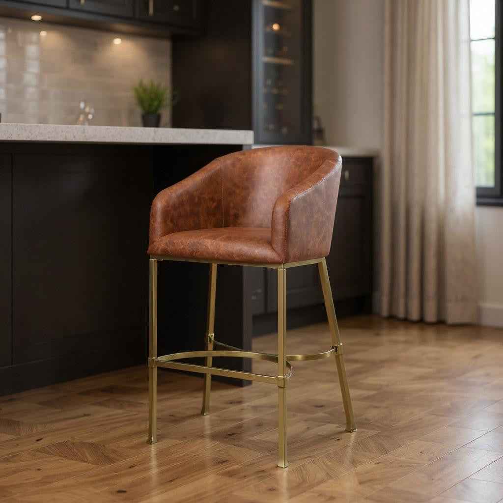 31" Brown and Gold Wood Fabric and Steel Low Back Bar Height Bar Chair